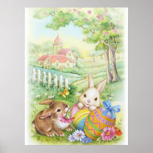 Gullig vintagepåskaffisch med kyrkan poster
