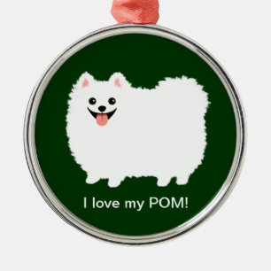 Gullig vit Pomeranian med beställnings- text Julgransprydnad Metall