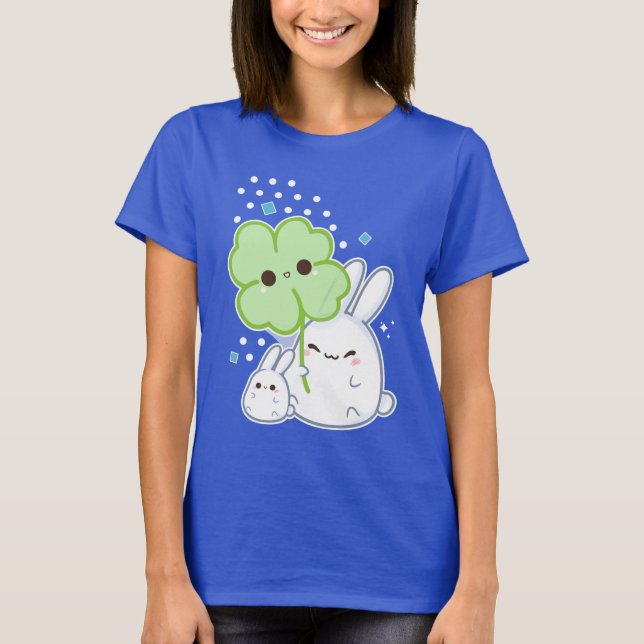 Gullig vitkanin med kawaiiklöver t shirt (Framsida)
