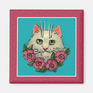 Gullig vitkatt, rosa rosmagnet magnet