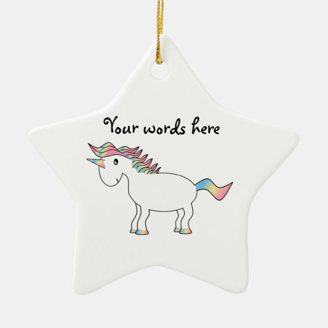 Gullig vitregnbågeunicorn julgransprydnad keramik (Framsidan)