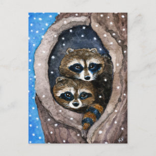 Gullig vykort för raccoonssnöjul