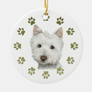 Gullig Westie hundkonst och tassar Julgransprydnad Keramik