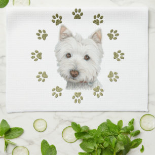 Gullig Westie hundkonst och tassar Kökshandduk