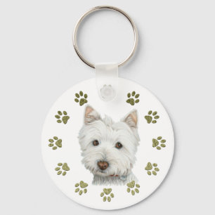 Gullig Westie hundkonst och tassar Nyckelring