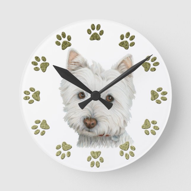Gullig Westie hundkonst och tassar Rund Klocka (Framsida)