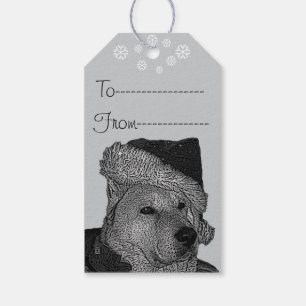 Gulliga akita i röd hund för santa hattjul presentetikett