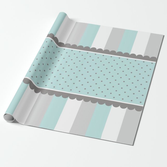 Gulliga baby blue & grå randar och polka dots presentpapper (Utrullad)