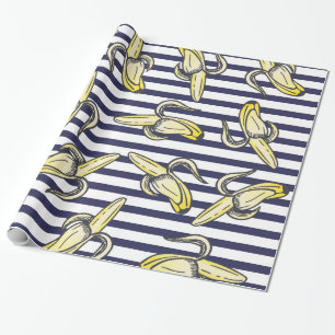 Gulliga bananillustrationer på marinblåa randar presentpapper