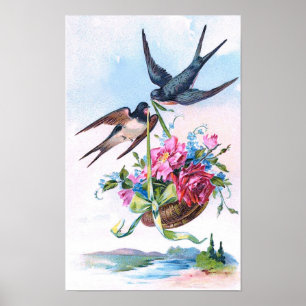 Gulliga blom- vintagefåglar & blommor poster