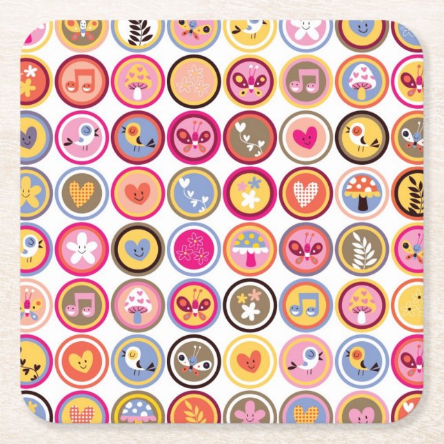 gulliga blommor, fåglar, hjärtamönster underlägg papper kvadrat (Framsidan)