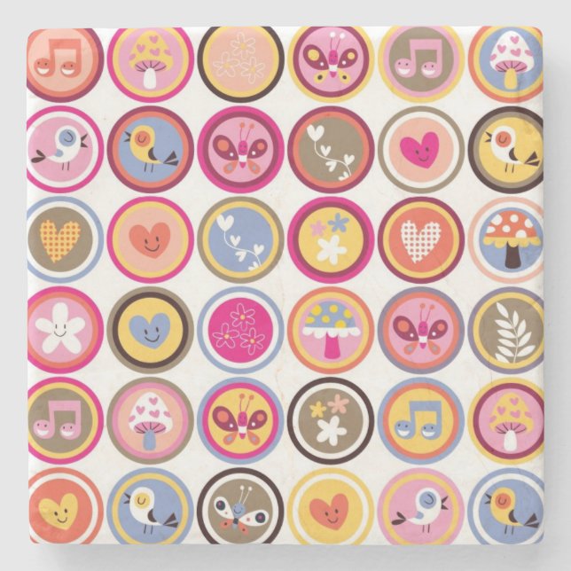 gulliga blommor, fåglar, hjärtamönster underlägg sten (Framsidan)