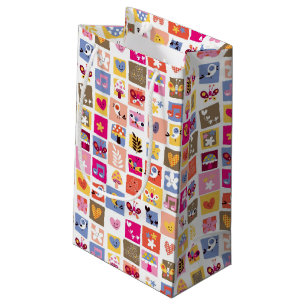 gulliga blommor, fåglar, hjärtor kvadrerar mönster