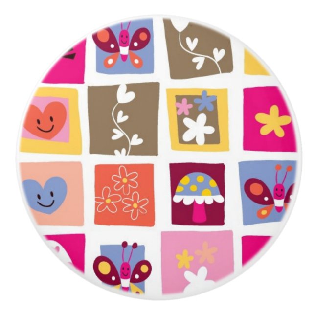 gulliga blommor, fåglar, hjärtor kvadrerar mönster knopp (Framsidan)