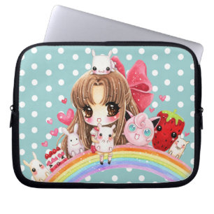 Gulliga flicka- och kawaiidjur som sitter på laptop fodral