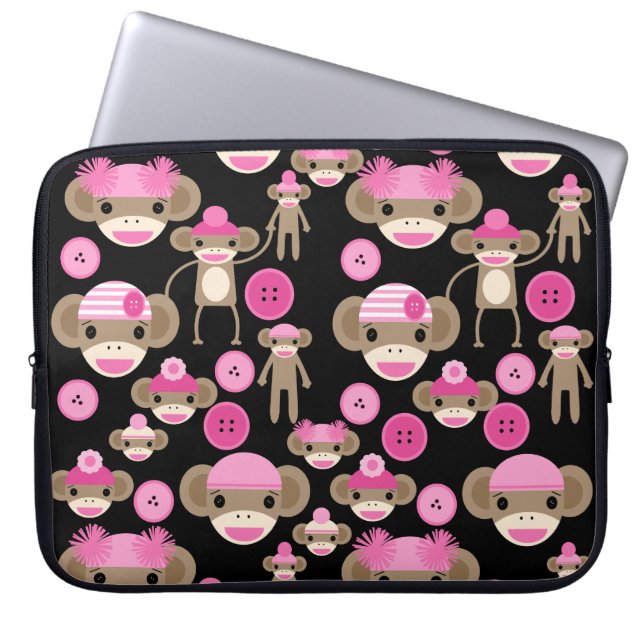 Gulliga flickaktigt rosa sock monkeyflickor på laptop sleeve (Framsidan)