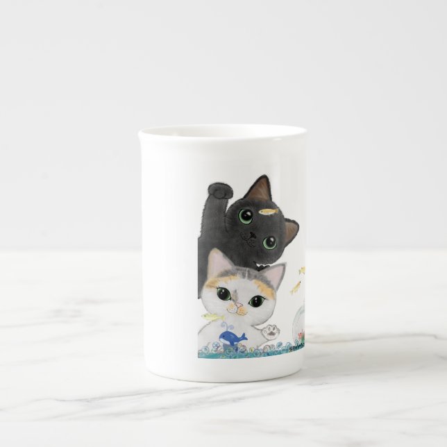 Gulliga fyra Medaka katter Benporslin Mugg (Framsidan)