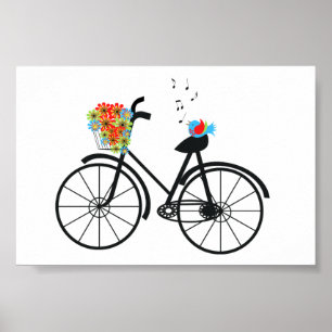 Gulliga gammalmodiga cykelblommor och fågel poster