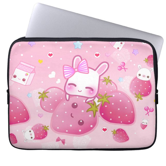 Gulliga kanin- och kawaiijordgubbar laptop sleeve (Framsidan)