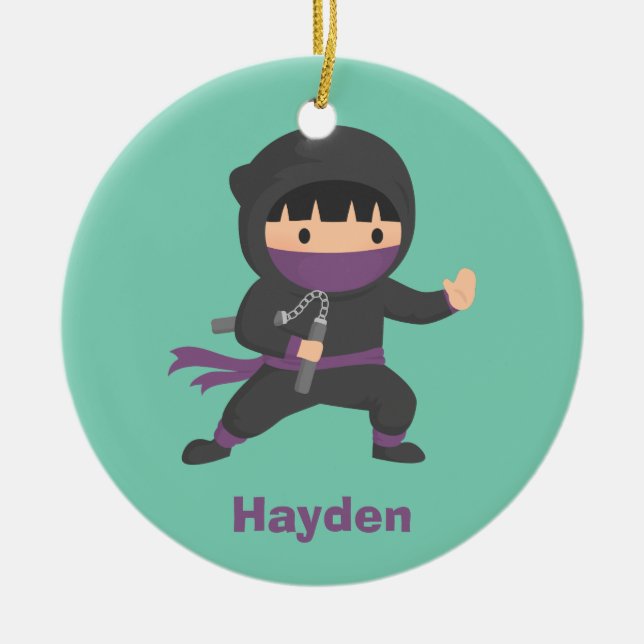 Gulliga lite Ninja med dekoren för Nunchaku Julgransprydnad Keramik (Framsidan)