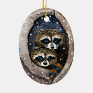 Gulliga raccoons och snöjulprydnad julgransprydnad keramik