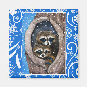Gulliga raccoons, snö, jul övervintrar naturen magnet