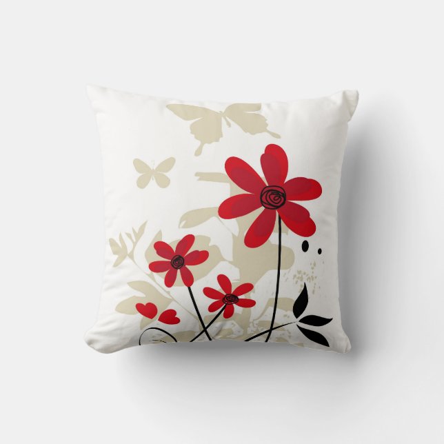 Gulliga röda flowes och fjärilar kudde (Framsida)