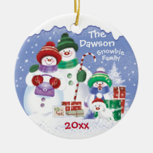 Gulliga snögubbear, familj av 3 Snowbies, jul Julgransprydnad Keramik