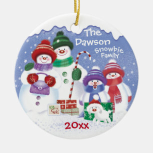 "Gulliga snögubbear, familj av 4 Snowbies, jul Julgransprydnad Keramik