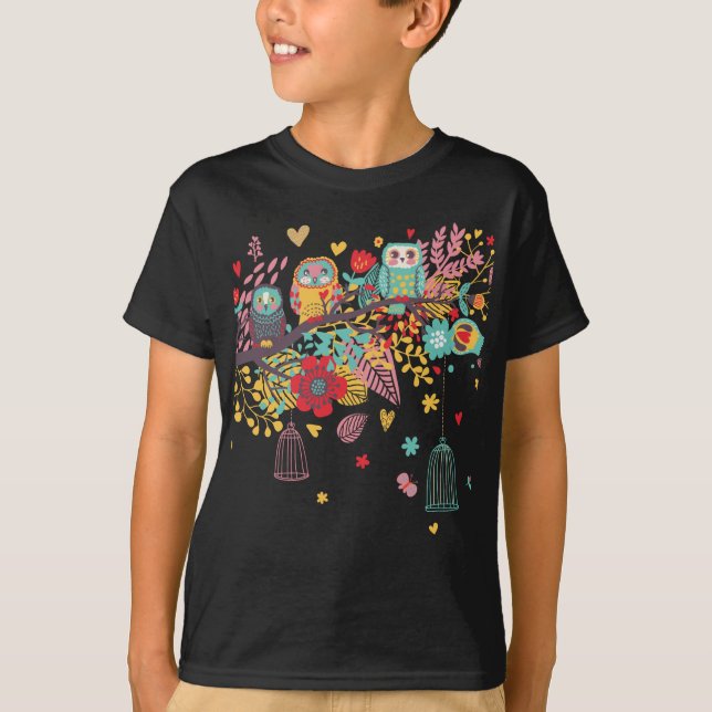 Gulliga ugglor och den färgglada blommigten t shirt (Framsida)