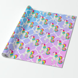 Gulliga Unicornblått och rosor Quatrefoil Presentpapper