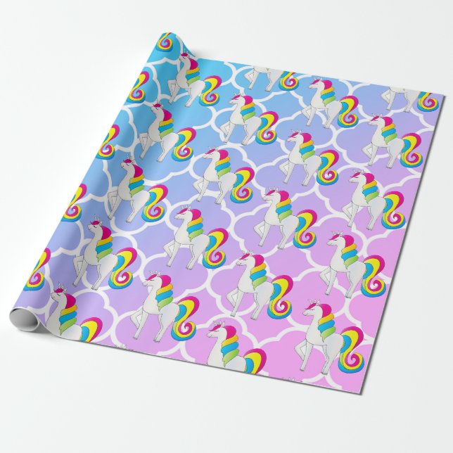 Gulliga Unicornblått och rosor Quatrefoil Presentpapper (Utrullad)