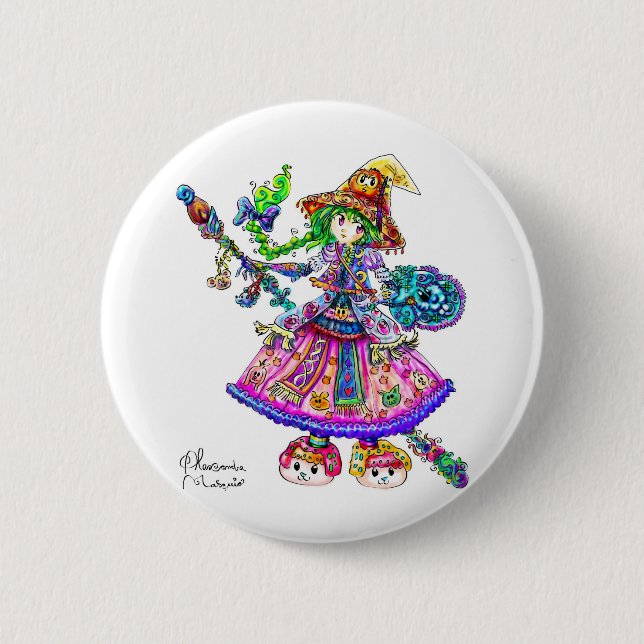 Gulligt AnimehäxaKawaii Halloween magiskt pass Knapp (Framsida)