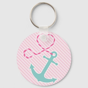 Gulligt ankra med hjärtarepet - rosor och Aqua Nyckelring