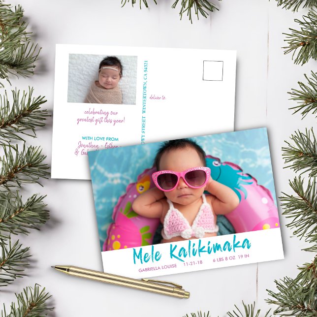 Gulligt foto för helgdag för Mele Kalikimaka Helg Vykort (Cute Mele Kalikimaka Christmas Baby Holiday Photo Postcard)