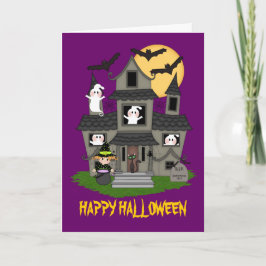Gulligt Halloween spökat hus och lite häxa Kort