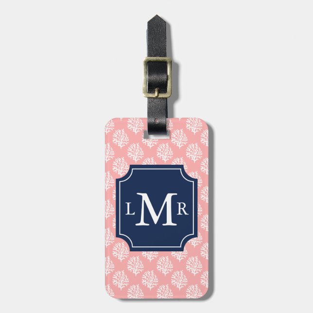 Gulligt korallmönster och blåttMonogram Bagagebricka (Vertikal Framsida)
