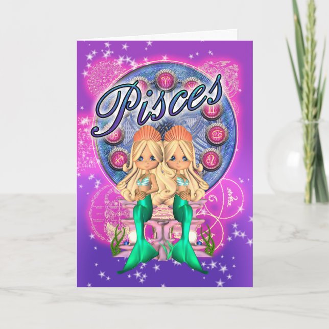 Gulligt kort för Pisces Zodiac med två (Framsida)