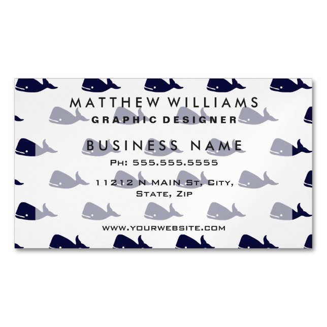 Gulligt lite marinblått valmönster på vit visitkortmagnet (Framsida)