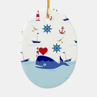 Gulligt nautiskt val julgransprydnad keramik