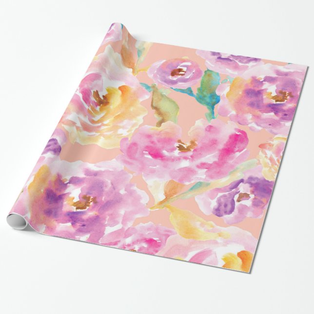Gulligt räcka målade vattenfärgblommor presentpapper (Utrullad)