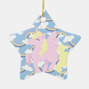 Gulligt regnbågemönster med den rosa unicornen julgransprydnad keramik