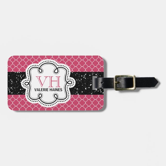 Gulligt rosa Quatrefoil och Fauxglitter Bagagebricka (Horisontell Framsida)