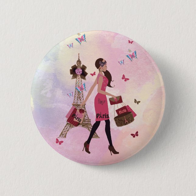 Gulligt rosa vattenfärgflickaParis Eiffel torn Knapp (Framsida)