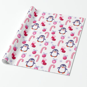 Gulligt rosa- & vitjulmönster med pingvin presentpapper
