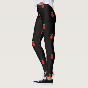 Gulligt rött äpplefrukttryck på svart damasker leggings