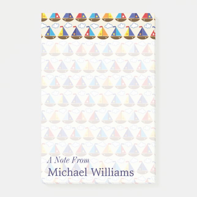 Gulligt segelbåtmönster | tillfogar ditt namn post-it block (Framsida)
