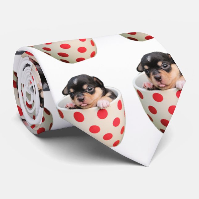 Gulligt tekoppvalpmönster på vit slips (Rullad)