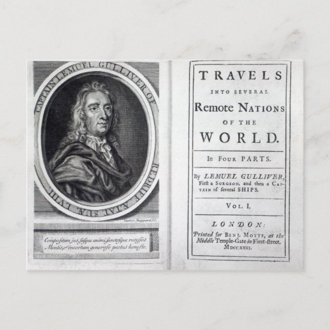 "Gullivers's Travels" av Jonathan Swift, 1726 Vykort (Framsida)