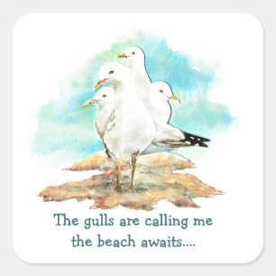 Gulls kallar mig "Beach Awaits Fiskmås" Fyrkantigt Klistermärke